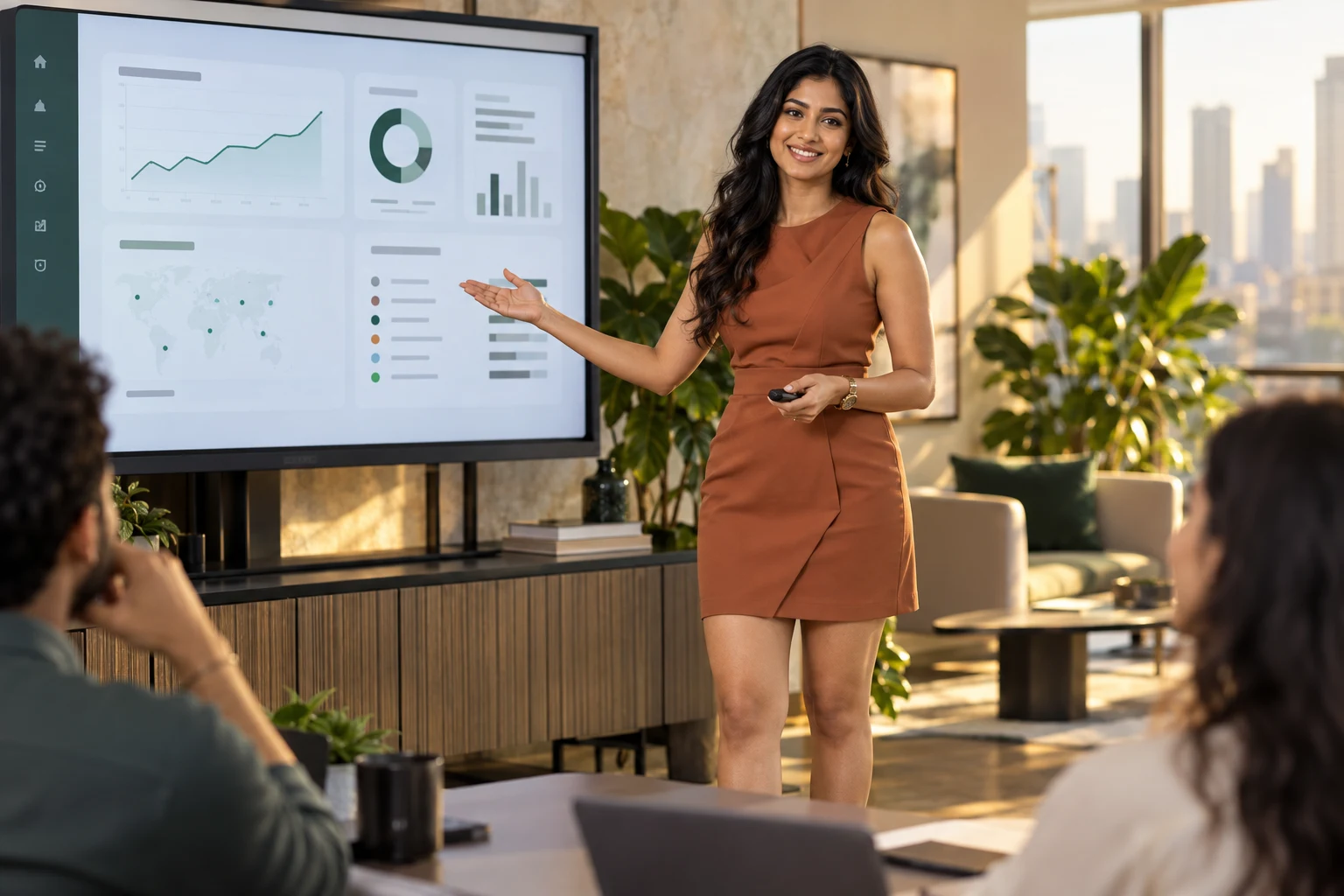 An adult woman in a terracotta short dress confidently presenting a software dashboard in a sunlit office.