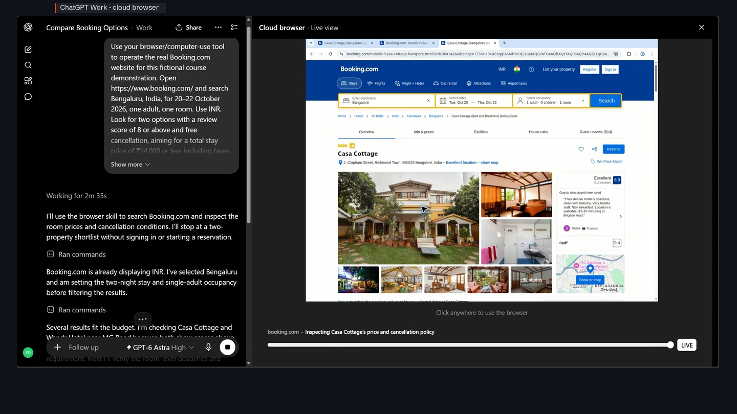 Actual course demonstration of an AI-controlled browser using the Booking.com website