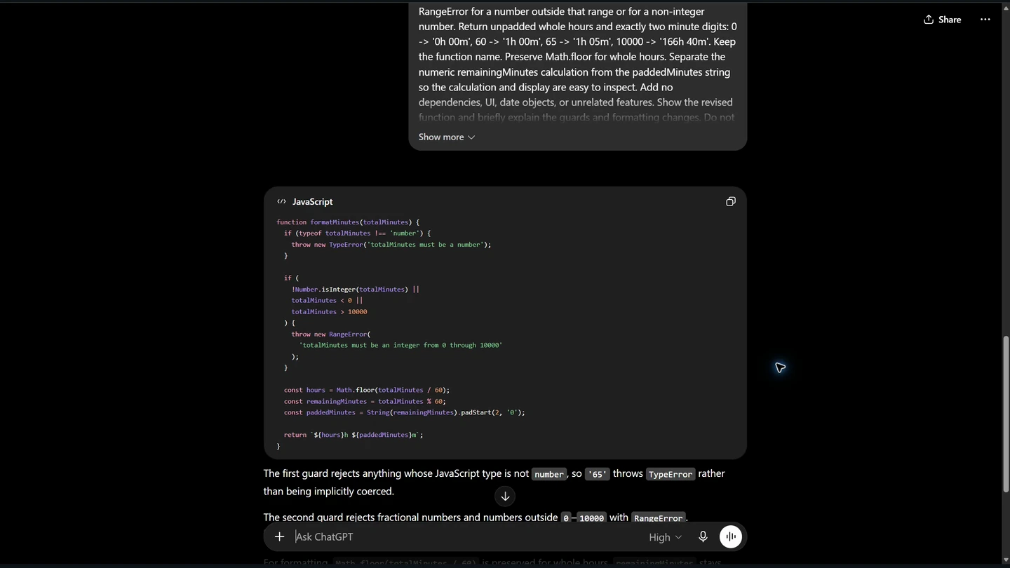 ChatGPT explaining a duration-formatting function and proposing a JavaScript repair in the recorded course